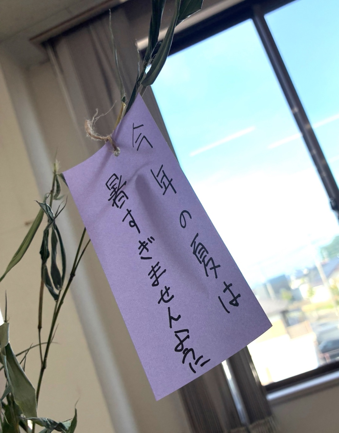 窓の青空を背景に「今年の夏は暑すぎませんように」と書かれた紫色の短冊
